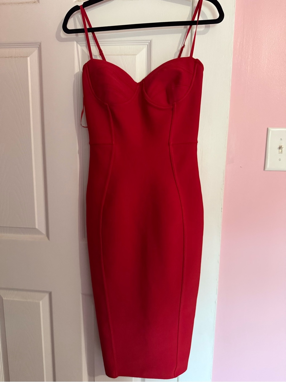 Red Sweetheart Bust Midi Dress with Spaghetti Straps